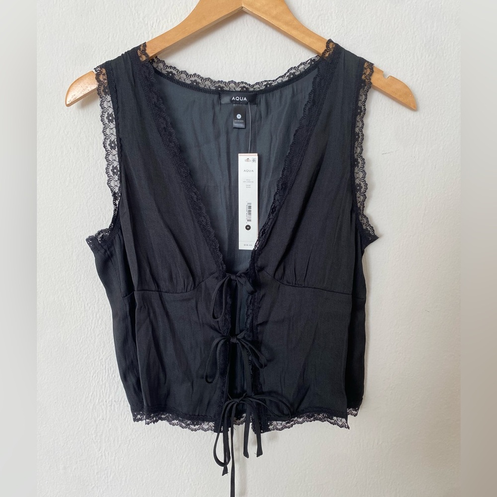 AQUA Sleeveless Lace Up Top in Black - Size Medium